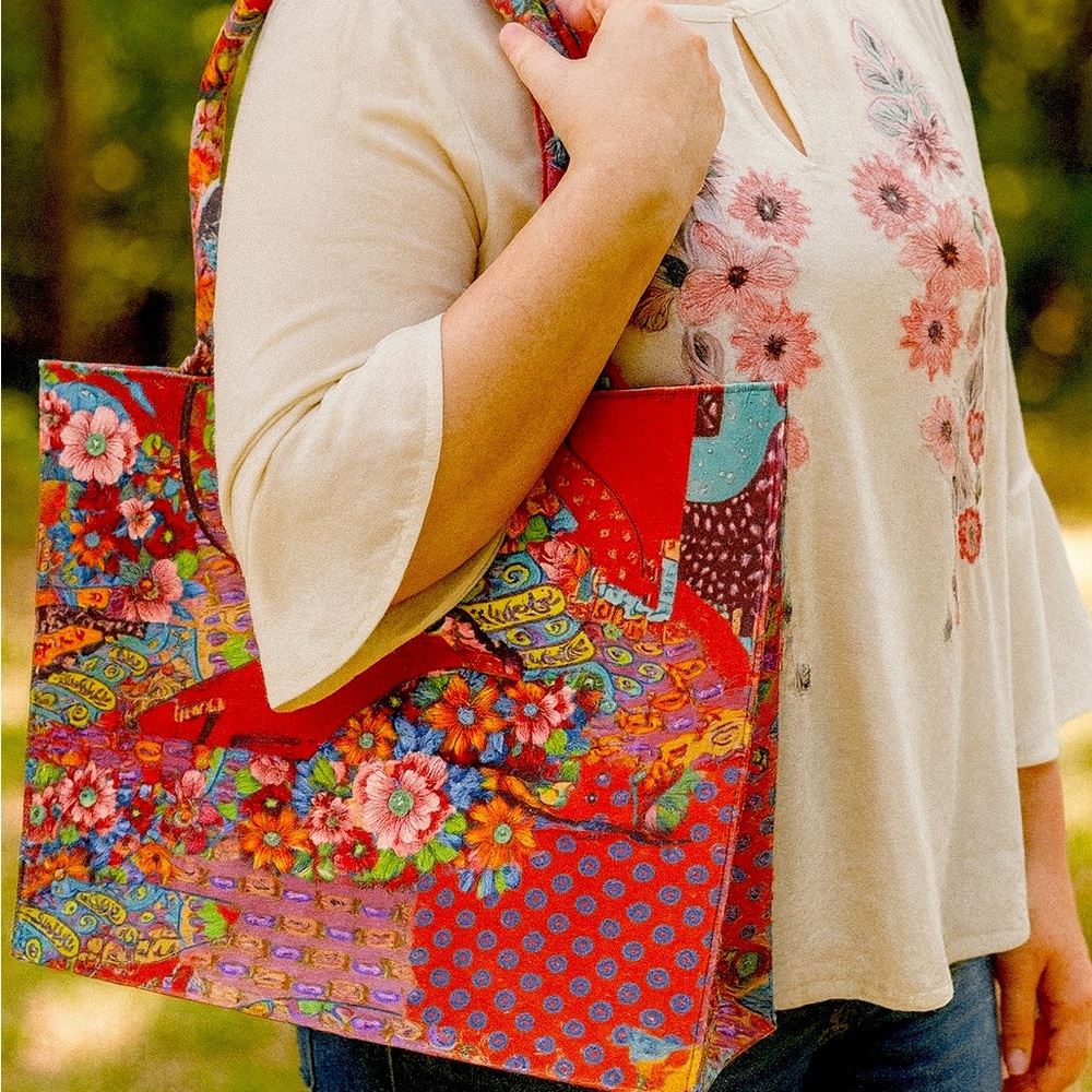Chico’s Folk Art Flight Poplon Tote Bag. NWT 16.5w x 13h x 6d. Double handles.